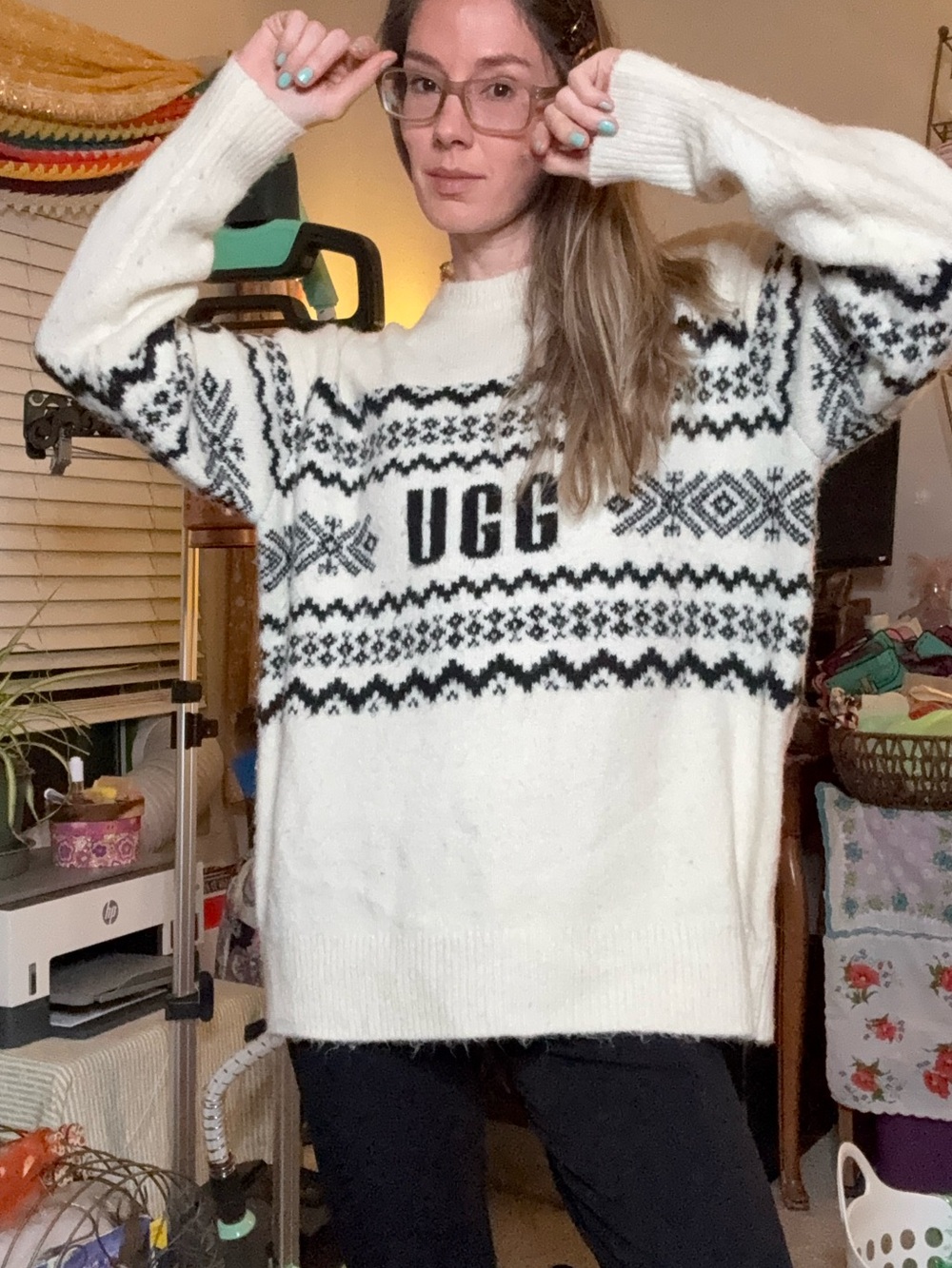 UGG oversized Cream and Black Fair Isle Logo Crewneck Sweater